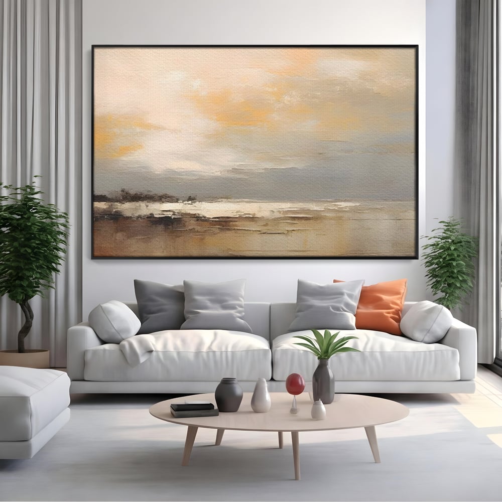 Tablou canvas cu tablou canvas cu peisaj maritim abstract, in rama de aluminiu negru, pe perete intr-un living